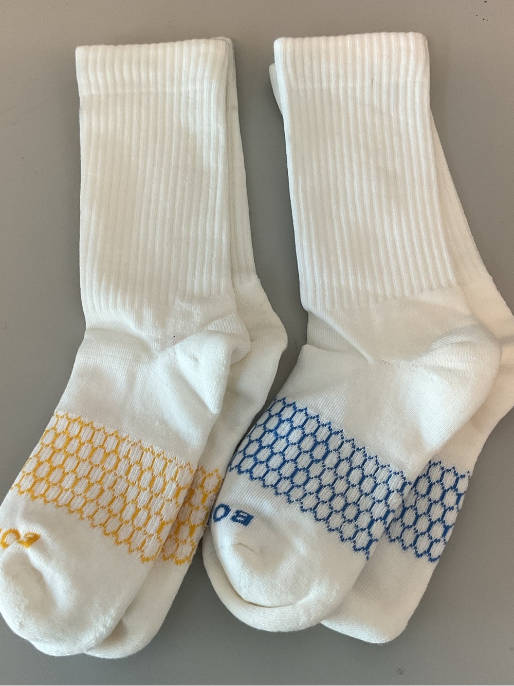 Bombas unisex youth White Crew Socks with Blue and Yellow Honeycomb Accents new